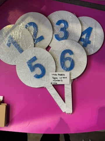 #1006 - White Paddles Numbered 1 - 6 with blue numbers