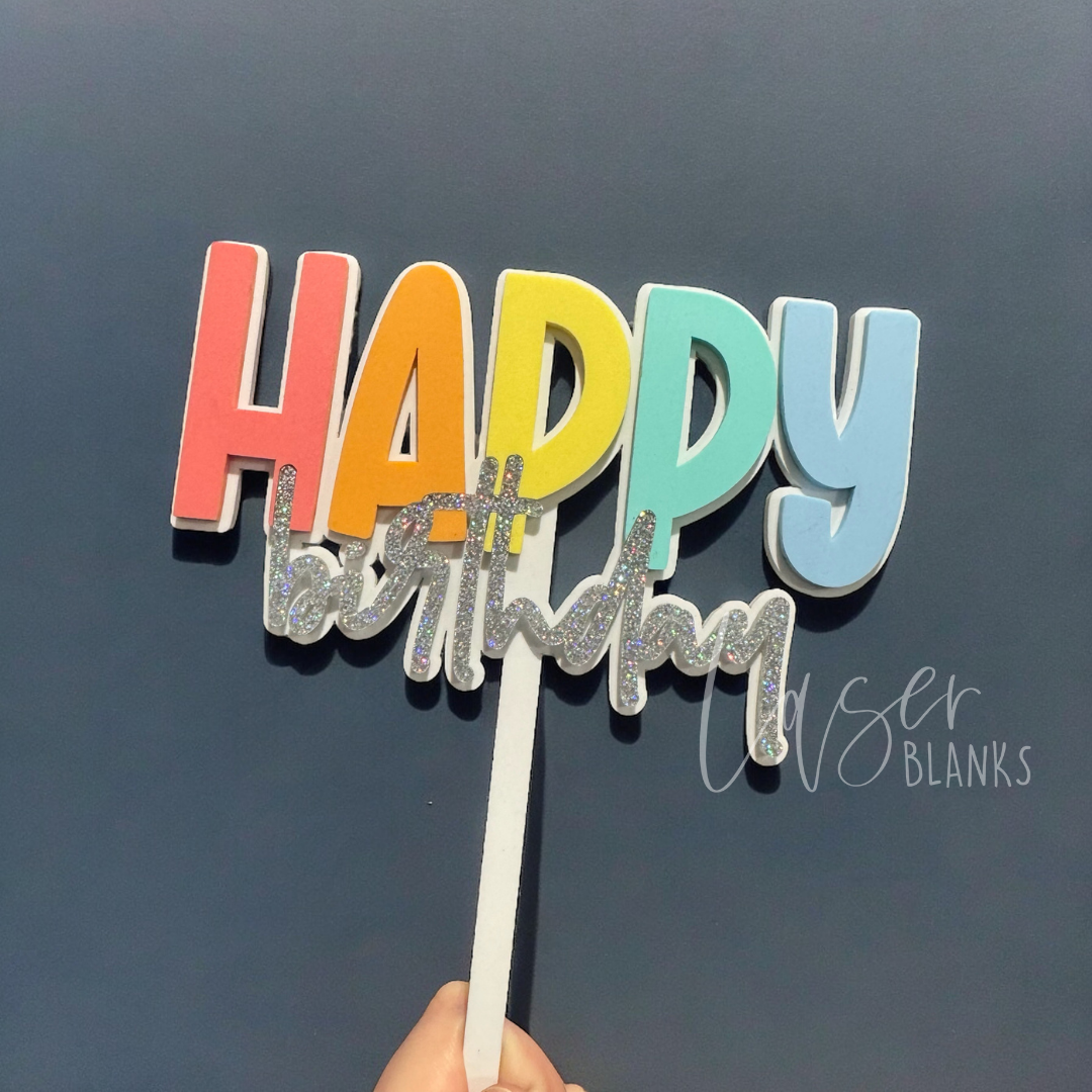 Rainbow + Glitter Happy Birthday Cake Topper